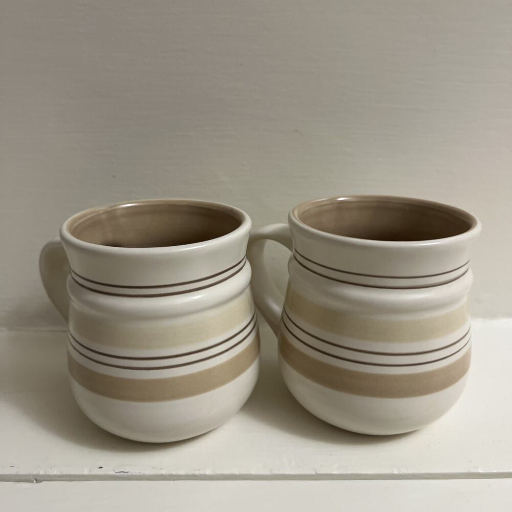 Pfaltzgraff Latte Hand Painted Coffee Mugs Set of 2 Beige Brown Striped Cups
